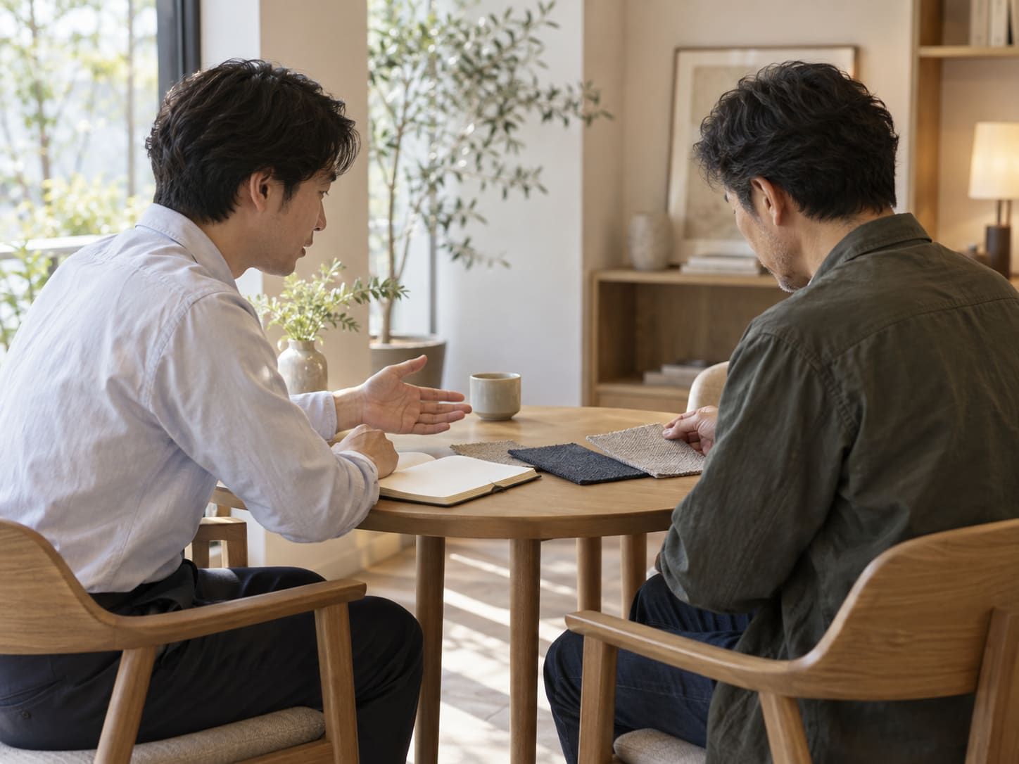 テーブルを挟んで生地サンプルを見ながら相談している2人の男性