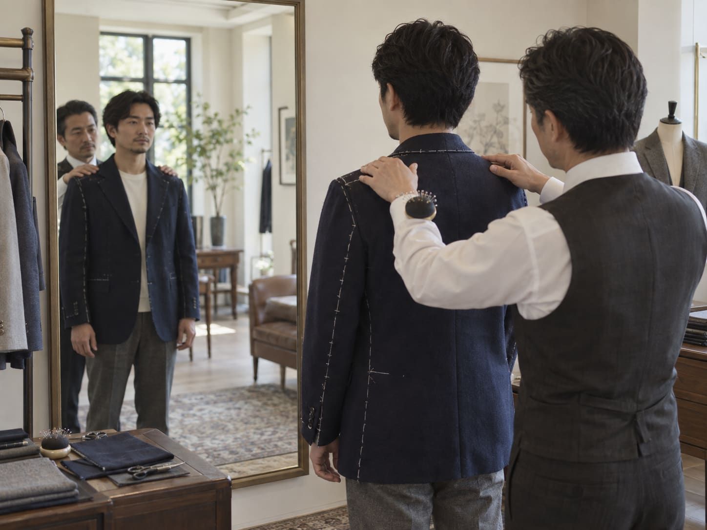 姿見の前で仮縫いのジャケットの肩を確認している様子
