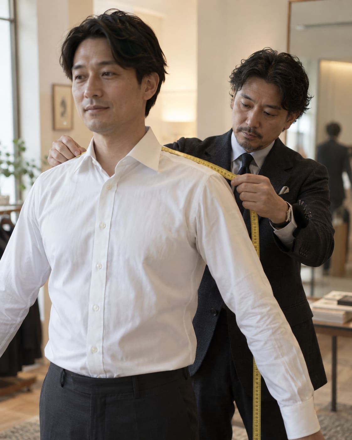 スタッフが黄色いメジャーで肩幅を採寸している様子