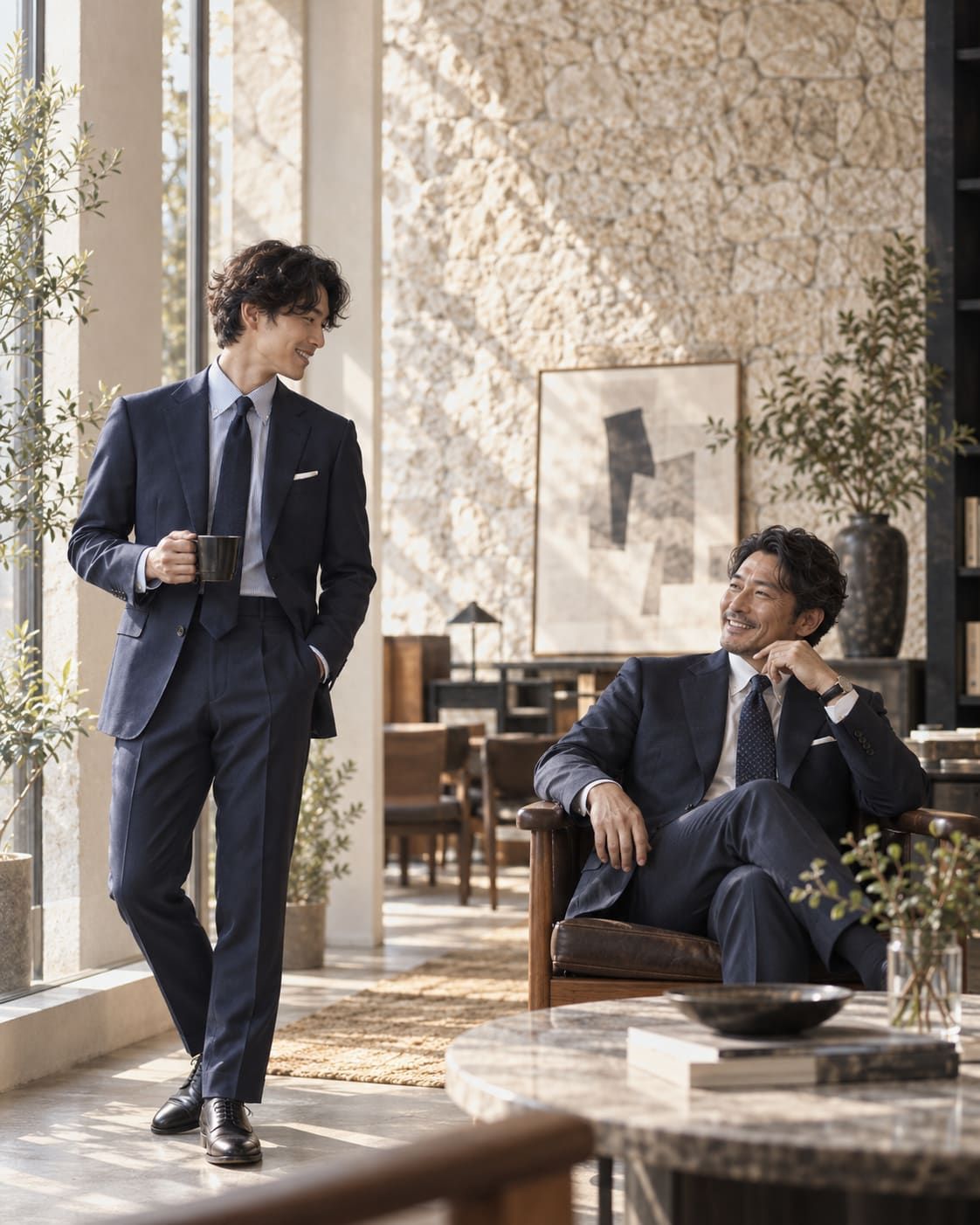 体格や年齢の異なる3人の男性が、それぞれのスーツを着て同じ場所で過ごしている様子